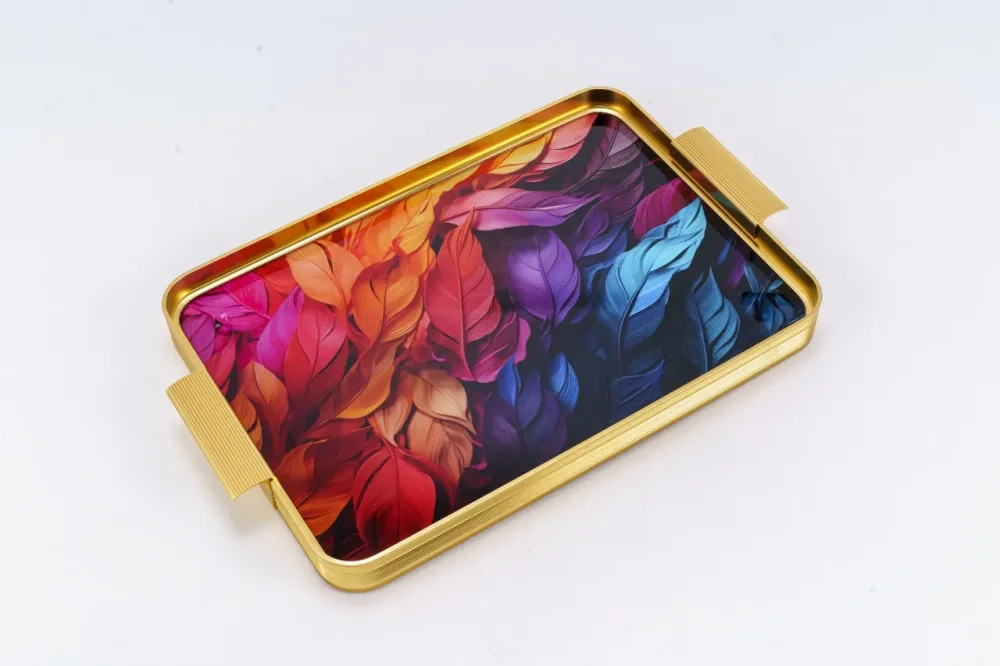 Rectangular Metallic gold plated tray,16 inch x11 inch purple feathers
