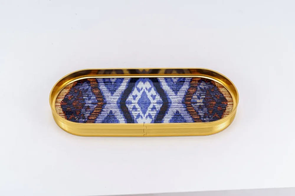Oval Gold plated metallic tray with tempered glass base, blue and white, 14 x 6 inch