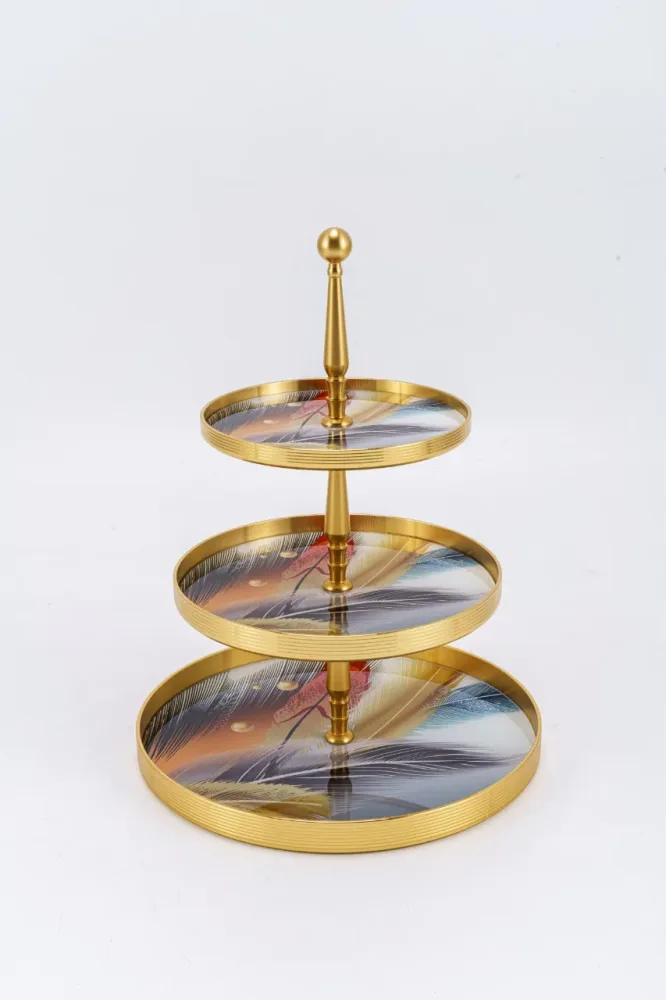 Gold plated cake stand 3 layers, White feather Design