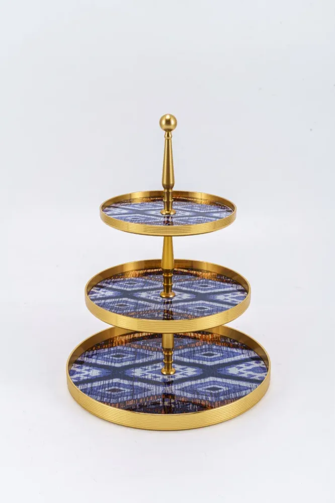 Gold plated cake stand 3 layers, Blue and White design