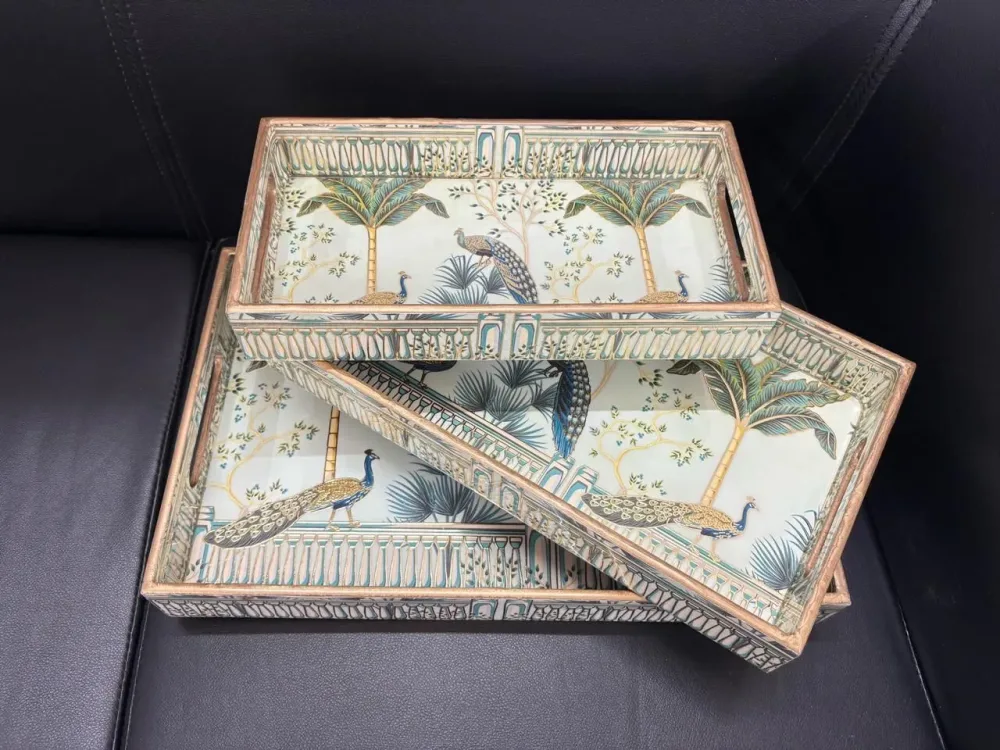 3 Pieces Wooden Tray Green Peacock Design code 1