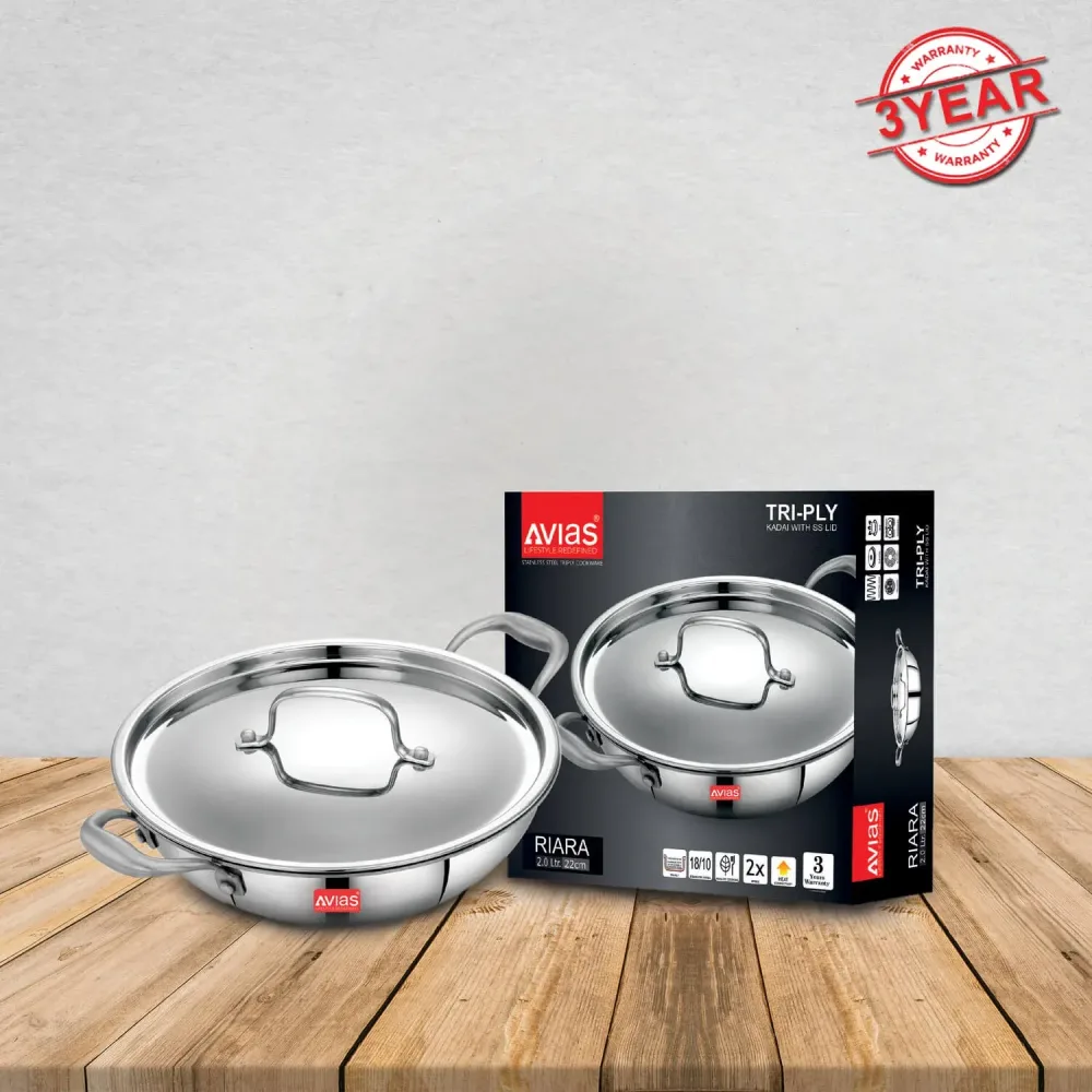 AVIAS Riara Premium Stainless Steel Triply Kadai/ Kadhai With Lid | 3 Layer | Steel Casted Stay-Cool Handles | 2.5 Mm Thickness
