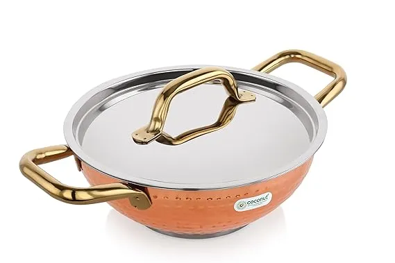 Coconut Serene Stainless Steel Copper Polish Hammered Design Capsulated Kadai for Cook n Serve