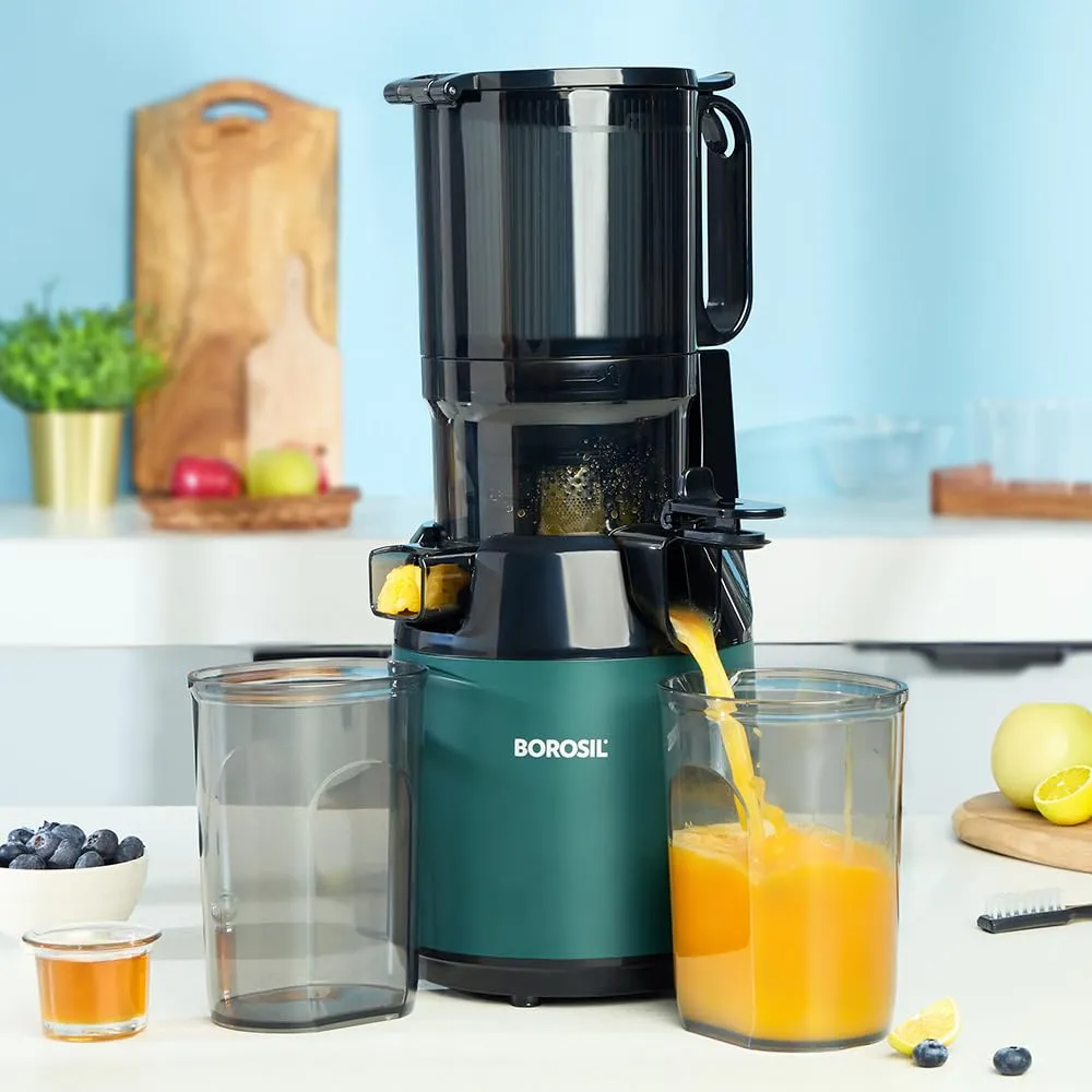 Borosil Vita Rich Cold Press Juicer | 250 Watts, 1.5 L Wide Mouth Hopper, 1 L Jug &amp; Pulp Collector with Anti Drip Tap | Reverse Function for Pulp Cleaner, Auto Cut-Off for Safety | 2 Years Warranty