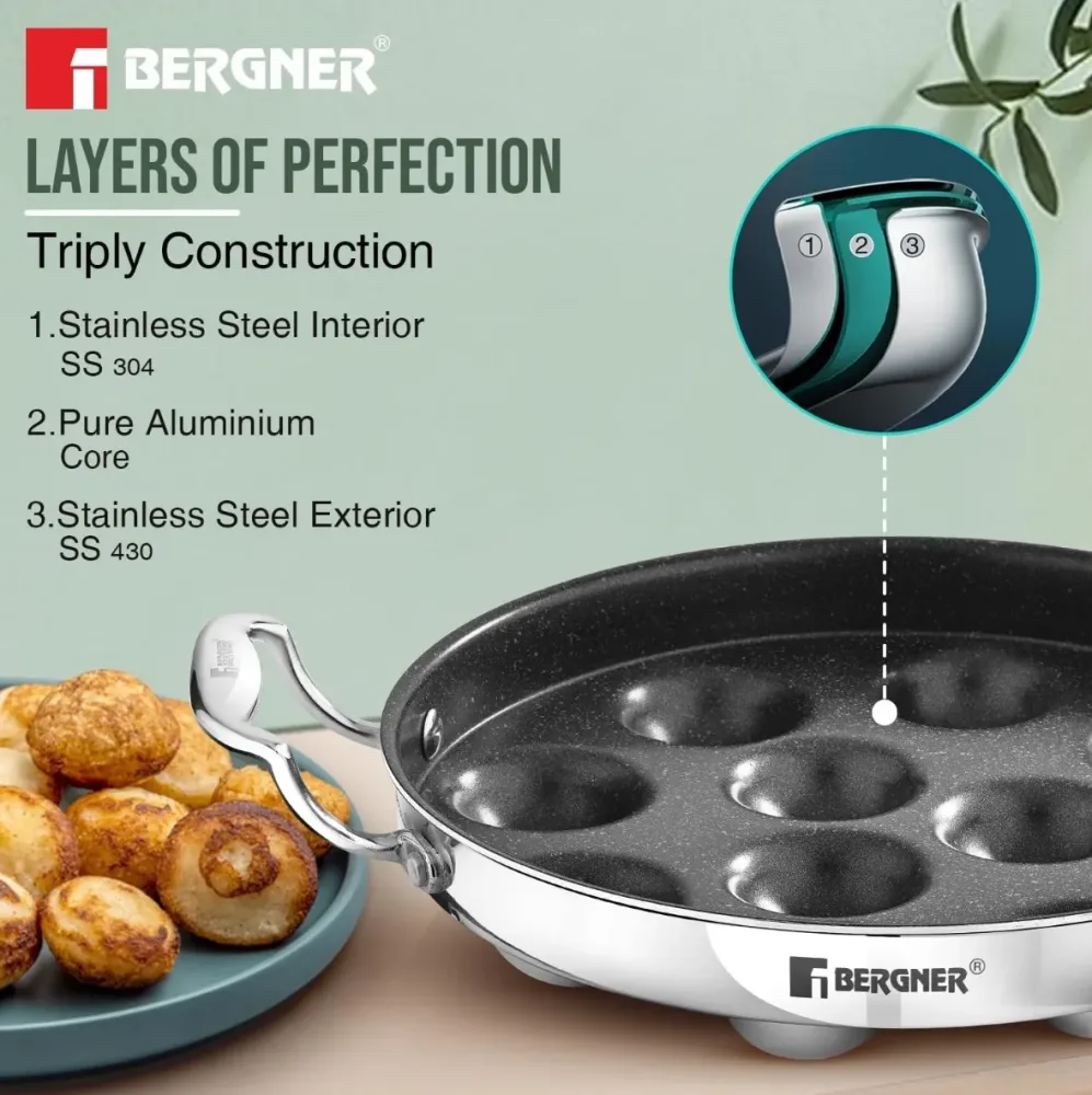 Bergner Argent Samsara Tri-Ply Stainless Steel Round Paniyarakkal with 11 Pits and Glass Lid (25cm Diameter), Quantanium Non-Stick Coating, Consumes Less Oil – Induction Bottom