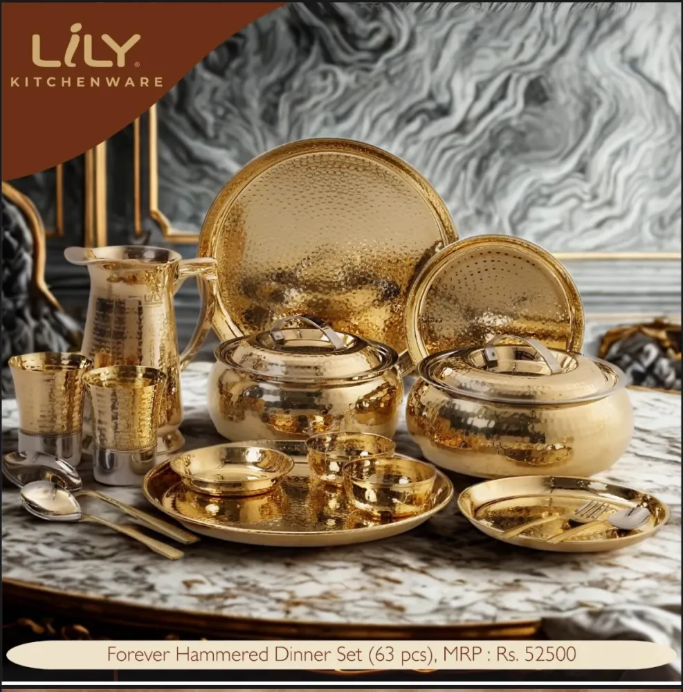Lily Brass Hammered Dinner set 63 pieces