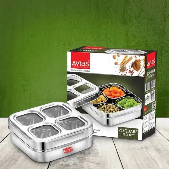AVIAS 4 Square Stainless Steel Spice Box/ Dry Fruit Box (Design) | See-Through Lid | Unbreakable Acrylic Sheet | Strong And Durable Masala Dani/ Masala Dabba/ Dry Fruits Organiser With 4 Compartments