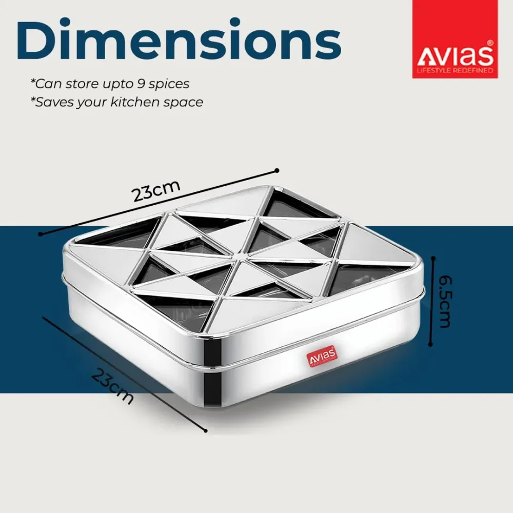 AVIAS 9 Square Stainless Steel Spice Box,Organiser With 9 Compartment,Popula Dabba,Square Masala Dani For Kitchen,Rust Resistant See-Through Lid With Unbreakable Acrylic Sheet,Design,Medium,Silver