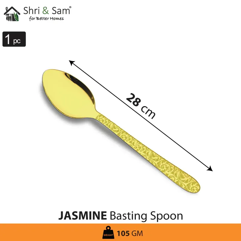 Shri and Sam Golden Cutlery with floral work | Jasmine | Basting Spoon Medium