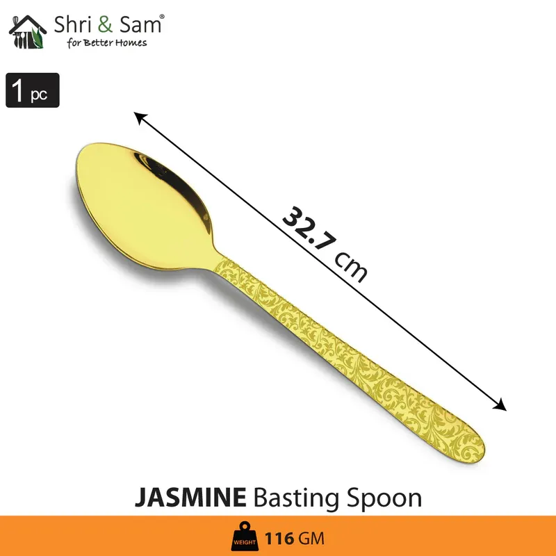 Shri and Sam Golden Cutlery with floral work | Jasmine | Basting Spoon Large