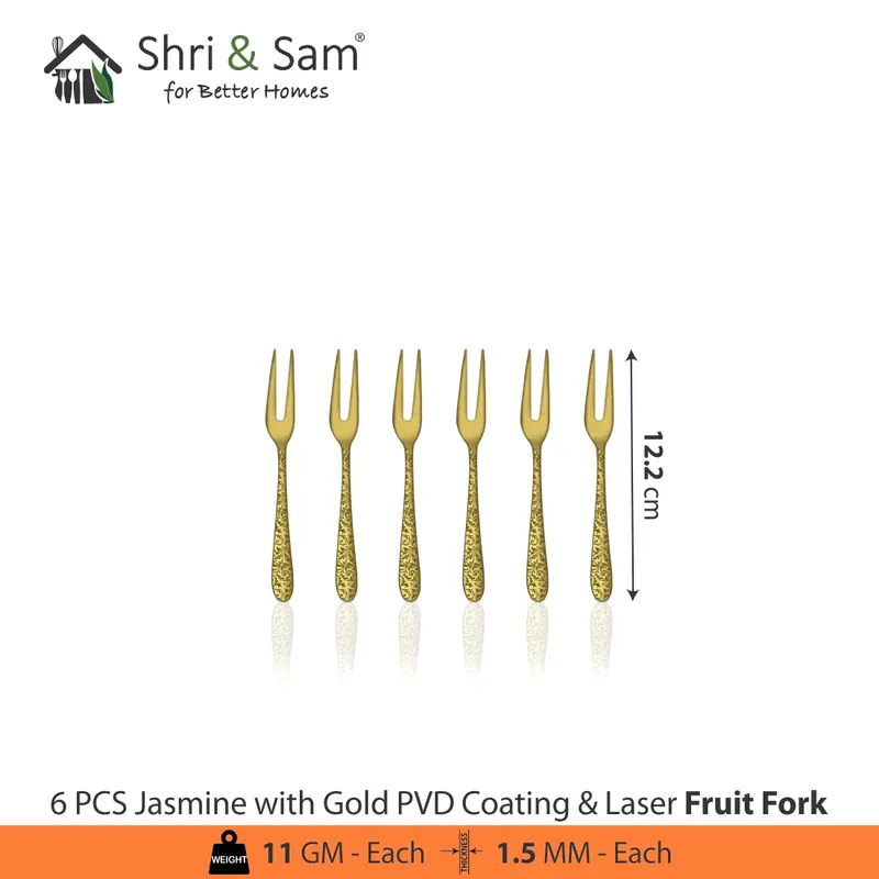 Shri and Sam Golden Cutlery with floral work | Jasmine | Fruit Fork