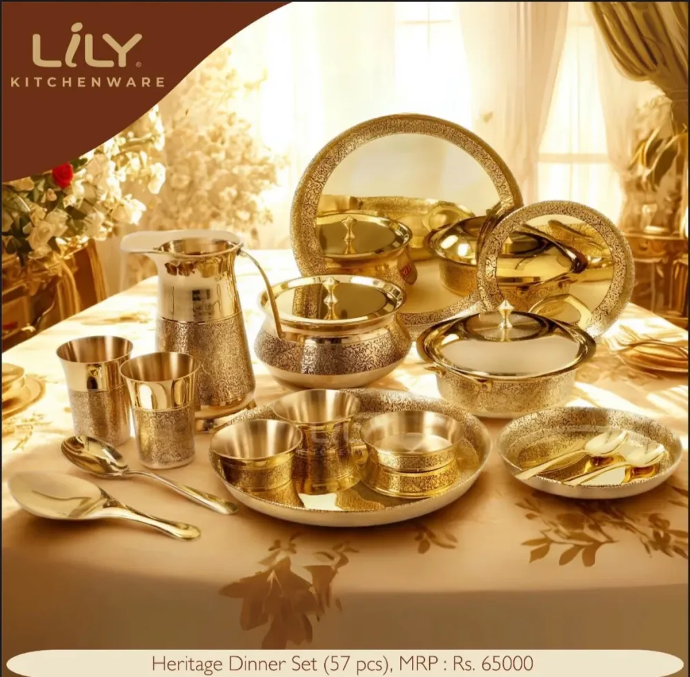 Lily Brass Heritage Dinner set 57 pieces, Pital, Peetal Dinner Set