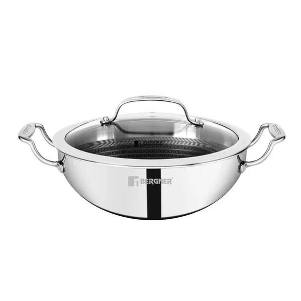 Bergner Hitech Triply Stainless Steel Non-Stick Kadhai with Lid