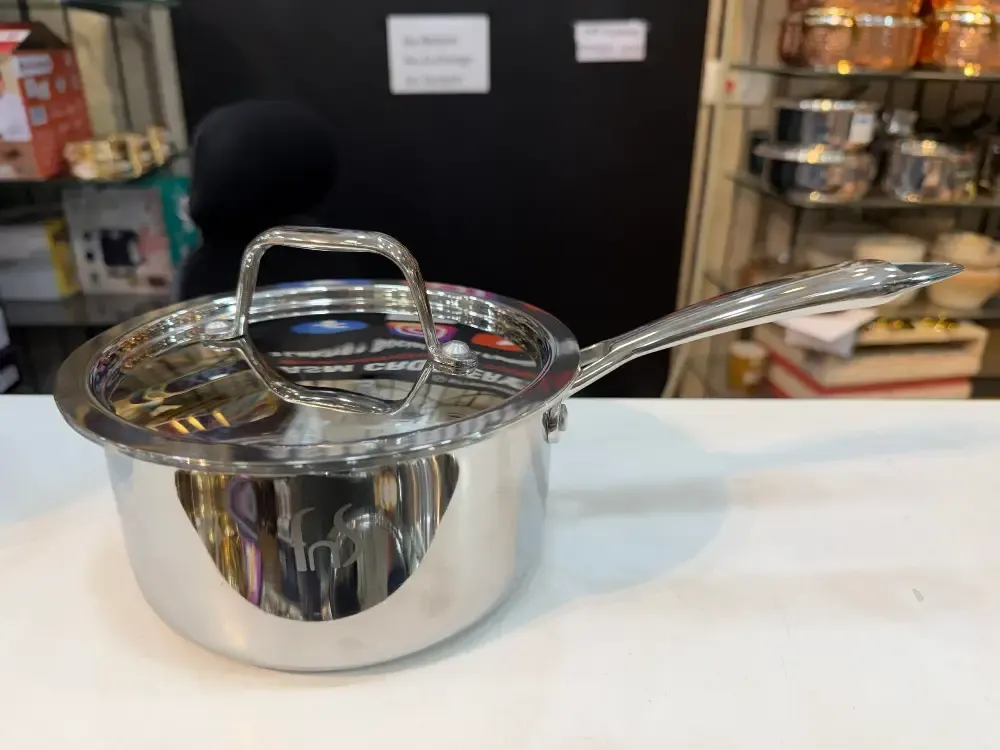 FNS Stainless Steel Triply Saucepan with stay cool handle, 10 year warrranty