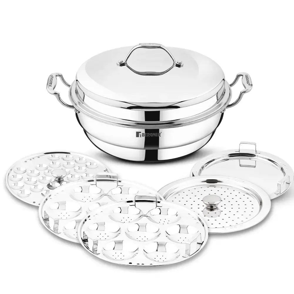 Bergner Argent Triply 28 cm Multi-Kadai, 6 L, Stainless Steel Lid & 6X Plate, for Appam/Idli/Modak/Sundal/Momo/, Cool Handles, Induction & Gas Ready, 5-Year Warranty