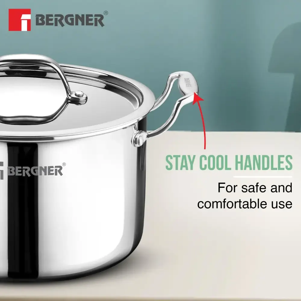 Bergner Argent Samsara Triply Stock Pot with Stainless Steel Lid, 22 cm, 5 litres Casserole, Stay Cool Cast Handles, Consumes Less Oil, Healthy Cooking, Easy to Clean - Induction and Gas Stove Compatible Copy