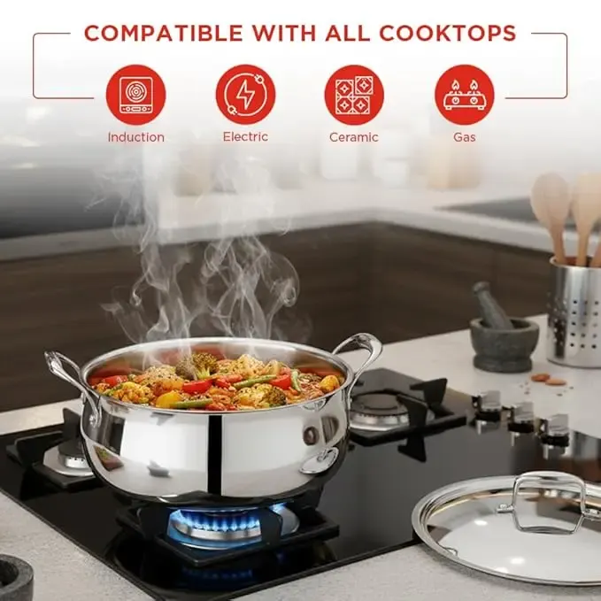 Vinod Platinum Chef’s Lagan Pot  | Triply Stainless Steel Biryani Pot Heavy Bottom | Shallow Lagan Handi for Cooking Biryani | Healthy Triply Cookware, Induction Friendly, with Lid