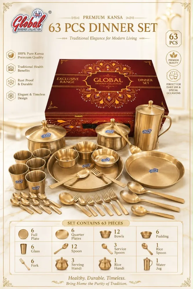 Global Kansa Dinner set, Pure Bronze 63 pieces set with gift box packing
