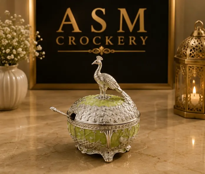German Silver Peacock with glass bowl inside and spoon light green