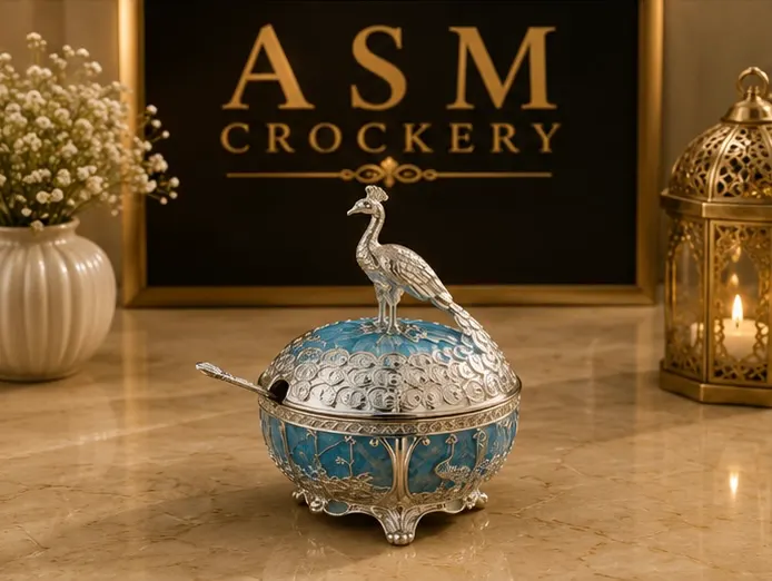 German Silver Peacock with glass bowl inside and spoon blue