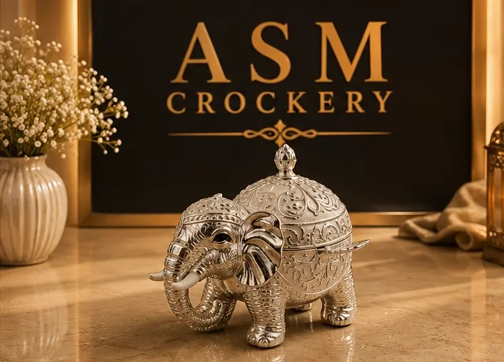 German Silver Elephant with glass bowl inside and spoon white