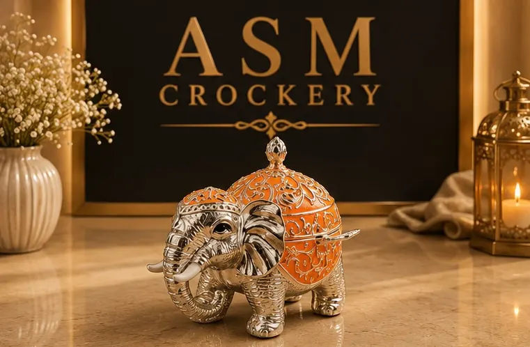 German Silver Elephant with glass bowl inside and spoon saffron