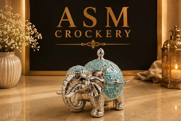 German Silver Elephant with glass bowl inside and spoon blue
