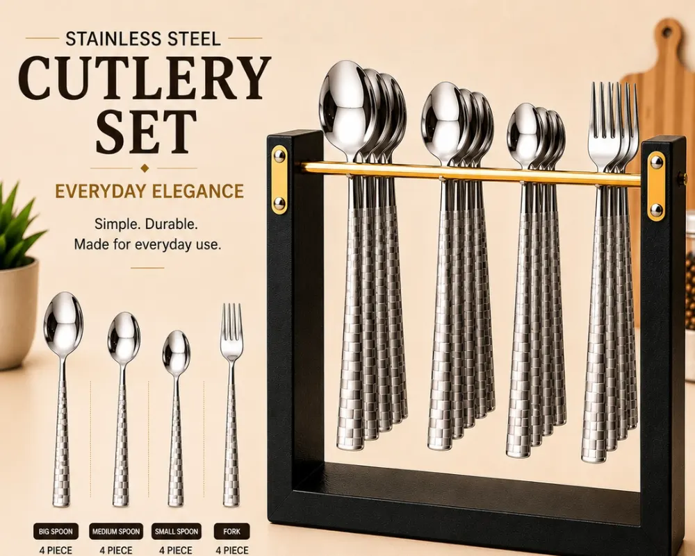 Wooden Stainless Steel Silver With Checkered Cutlery set Copy