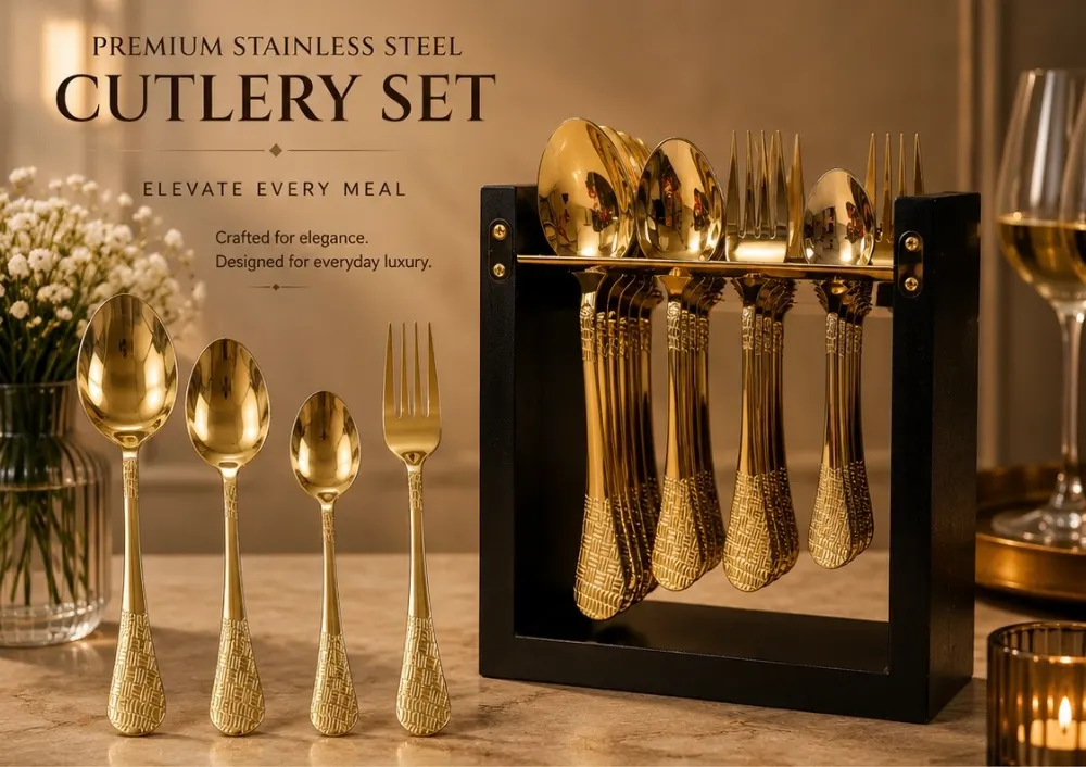 Wooden Stainless Steel Golden with Carving Cutlery set 