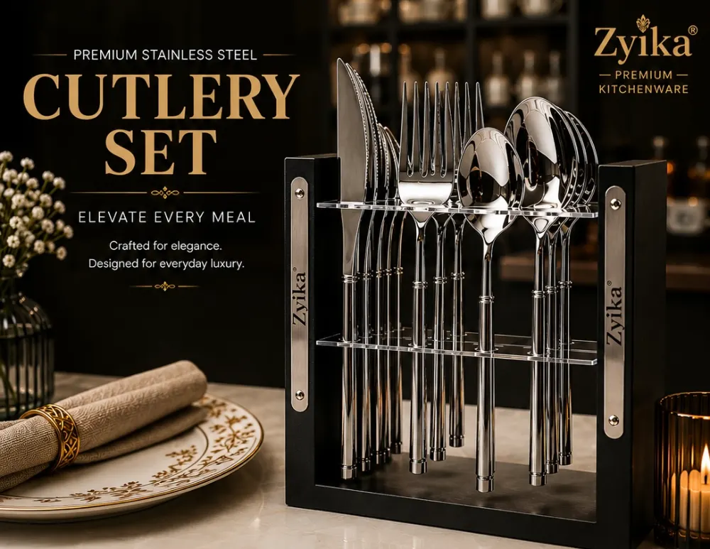 Zyika Wooden Stand Stainless Steel Bamboo Design Cutlery set