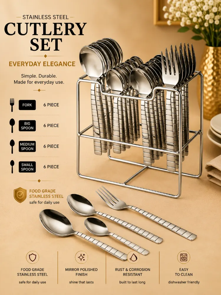 Stainless Steel with Grid Design Cutlery set with Stand 24 Pieces 