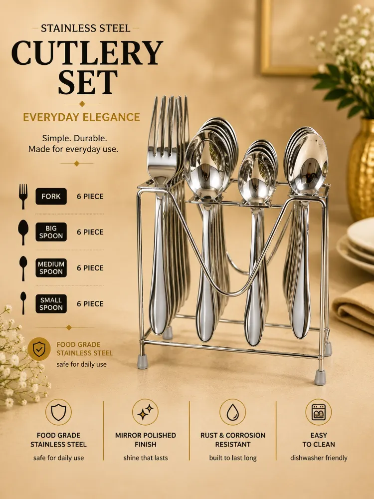 Stainless Steel Cutlery set with Steel Stand 24 Pieces