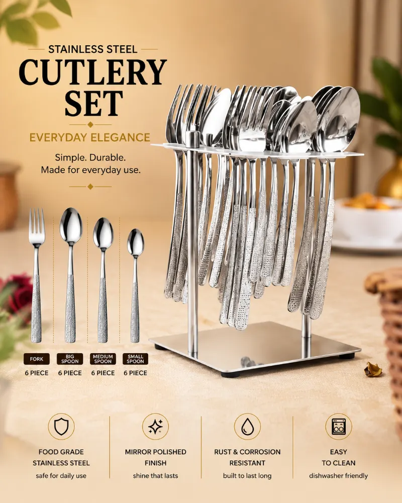 Fns Glistered Hammered Finish Stainless Steel Cutlery Set with Stand 24 pieces