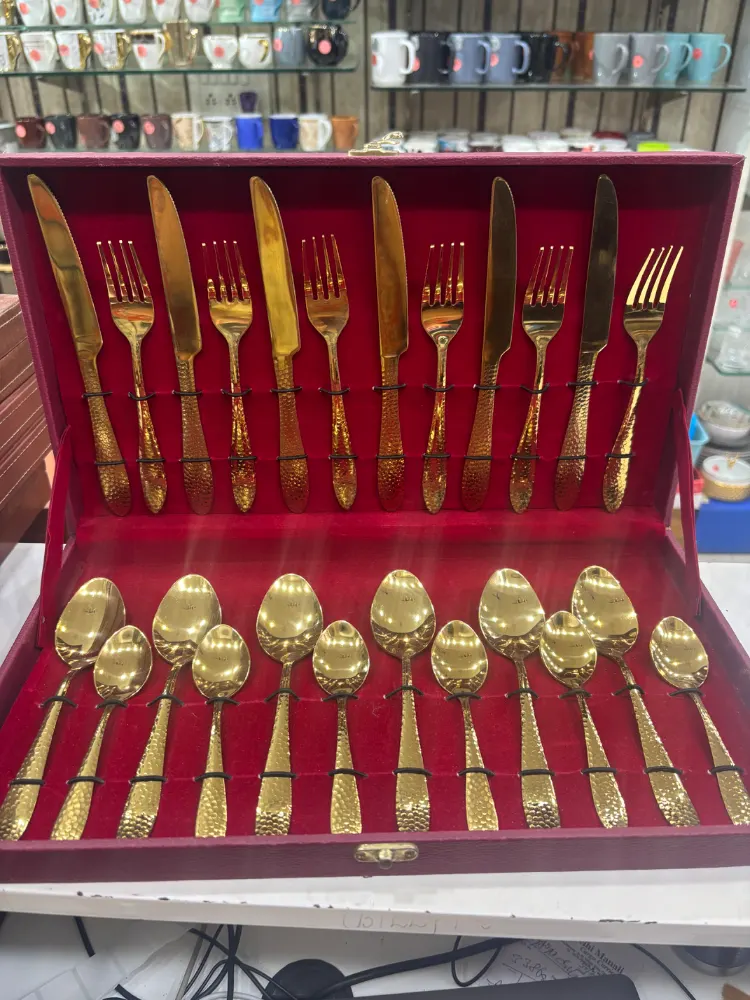  Stainless Steel Gold Hammered Cutlery set in Box 24 Pieces Set 