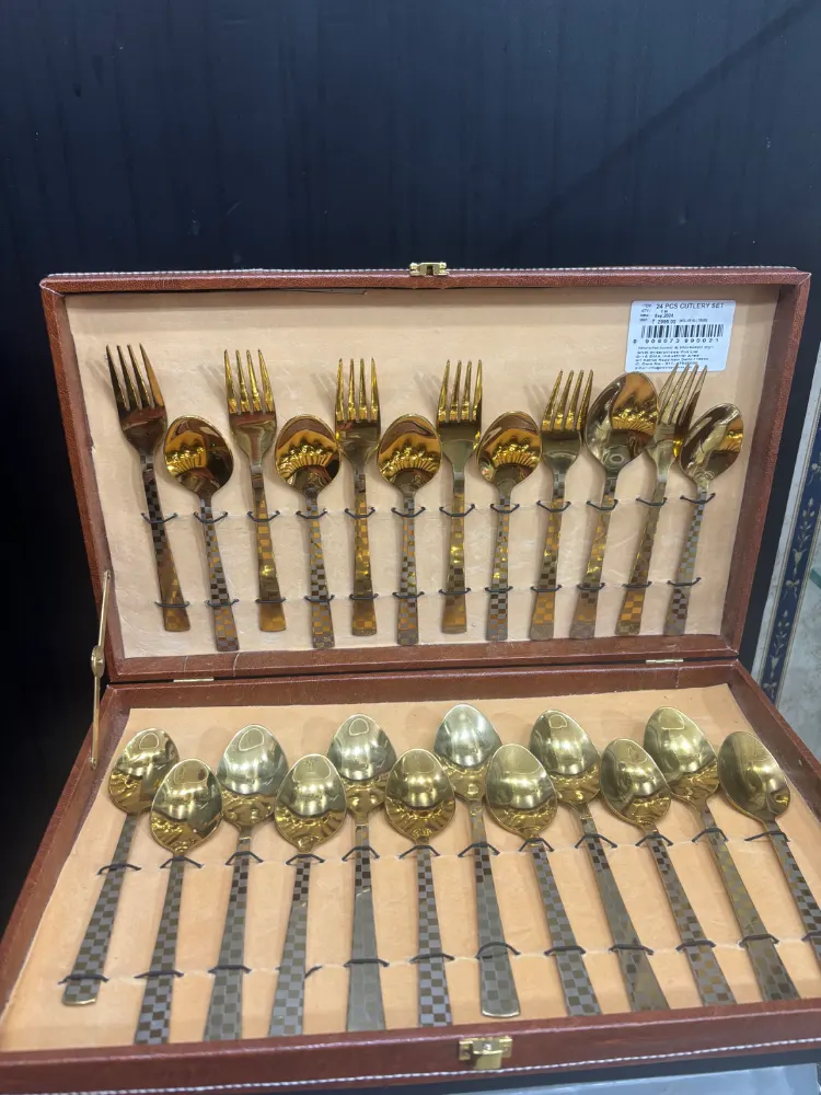 PVD Gold Coated Check Design Stainless Steel Cutlery set in Box 24 Pieces Set
