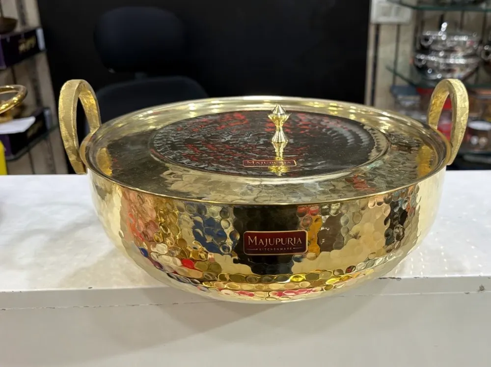 Majupuria Brass Kadhai with tin kalai and with Brass Lid