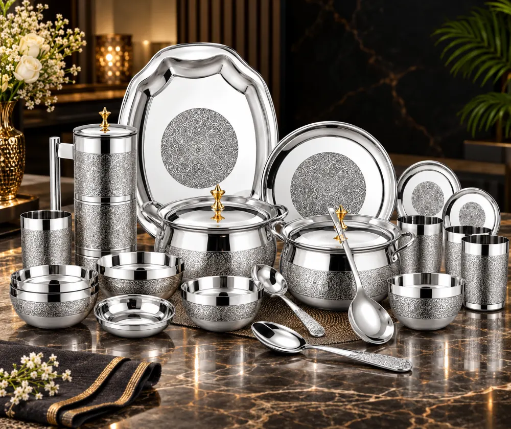 Global Stainless Steel Magic Etching Dinner Set 63 pieces