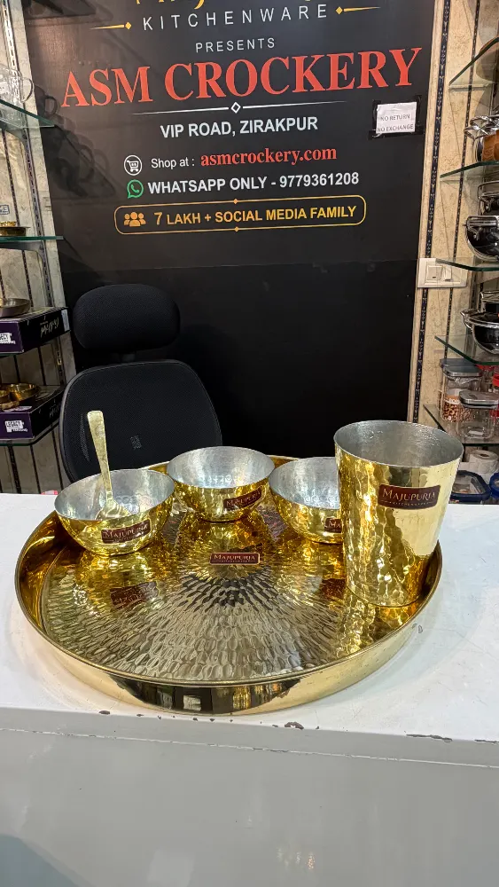 Majupuria Pure Brass Hammered Thali set with inner kalai, tin coating