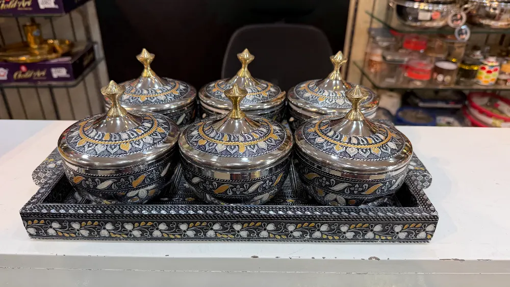 Antique Dry fruit jars set with stainless steel jars, wooden tray and outer box 6 jars