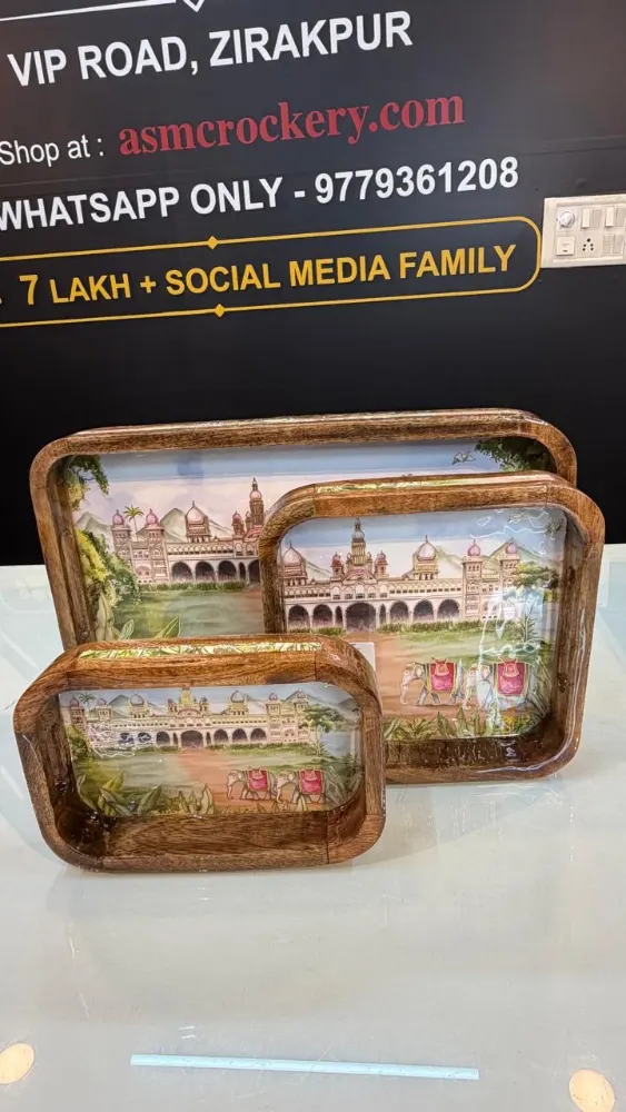 Wooden Tray set of 3 Elephant with Castle