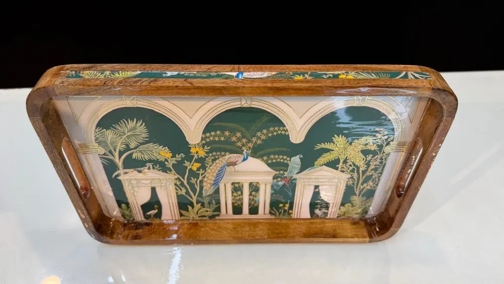 Wooden Tray set of 2 Green Peacock