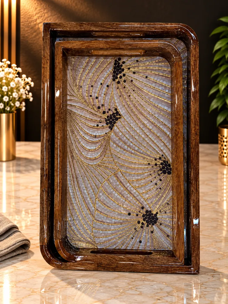 Wooden Tray set of 2 Flower Abstract
