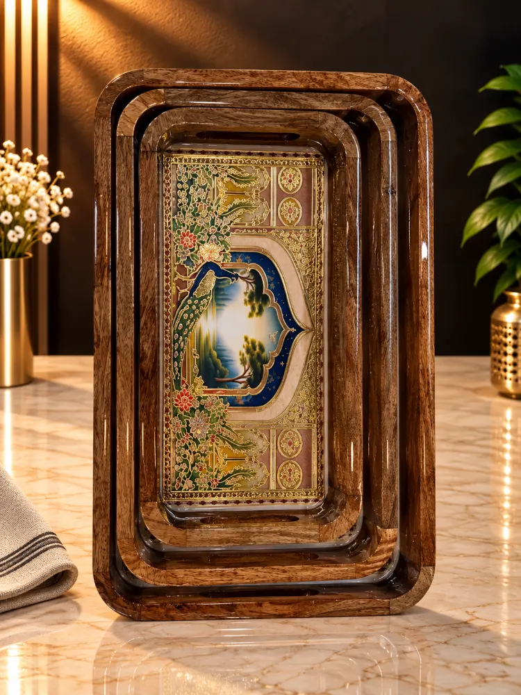 Wooden Tray set of 3 Peacock