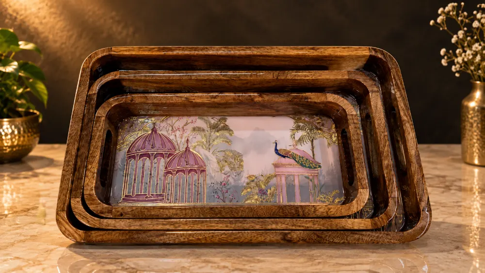 Wooden Tray set of 3 Pink Peacock