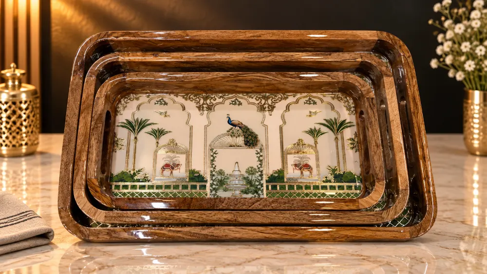 Wooden Tray set of 3 Royal Peacock with Fountain