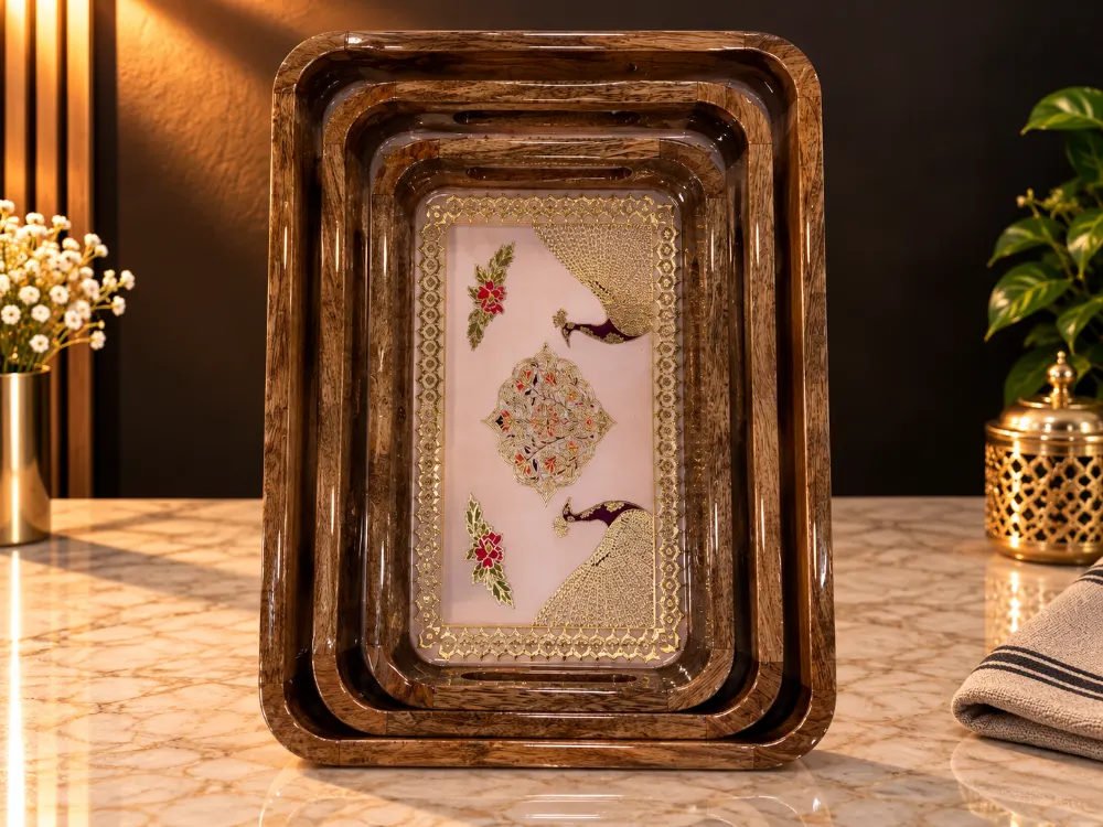 Wooden Tray set of 3 Pink Double Peacocks