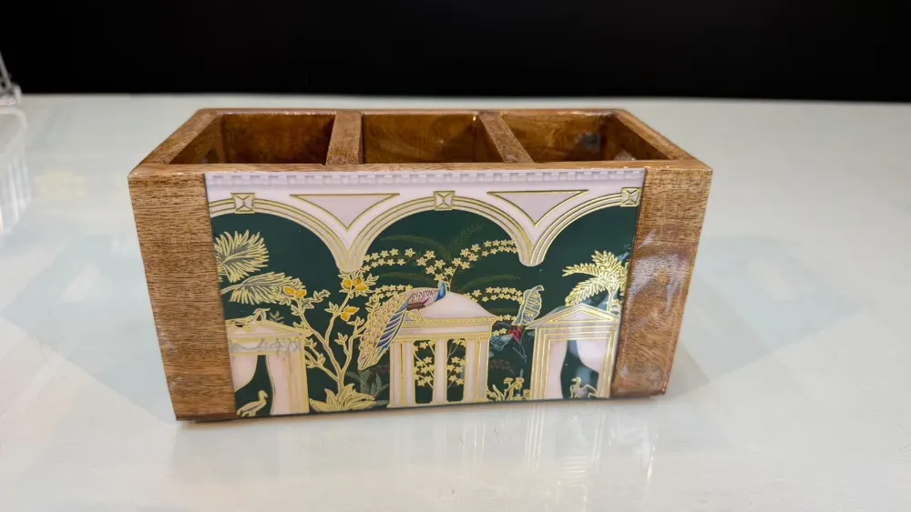 Wooden Cutlery Holder Green Peacock Design