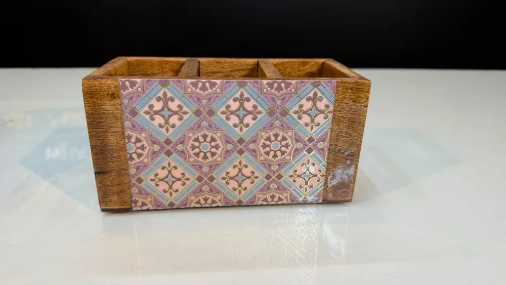 Wooden Cutlery Holder Purple Geometric  Design 