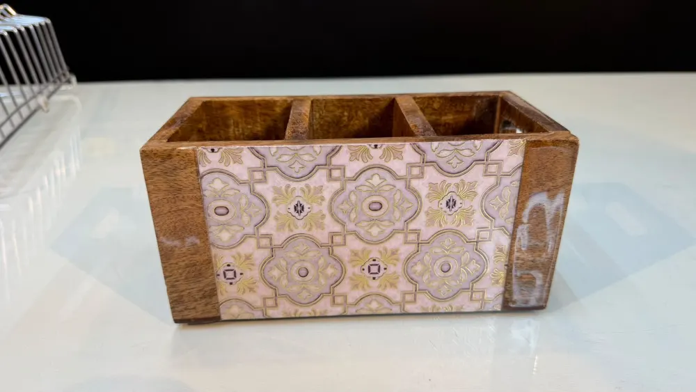Wooden Cutlery Holder Beige Geometric  Design