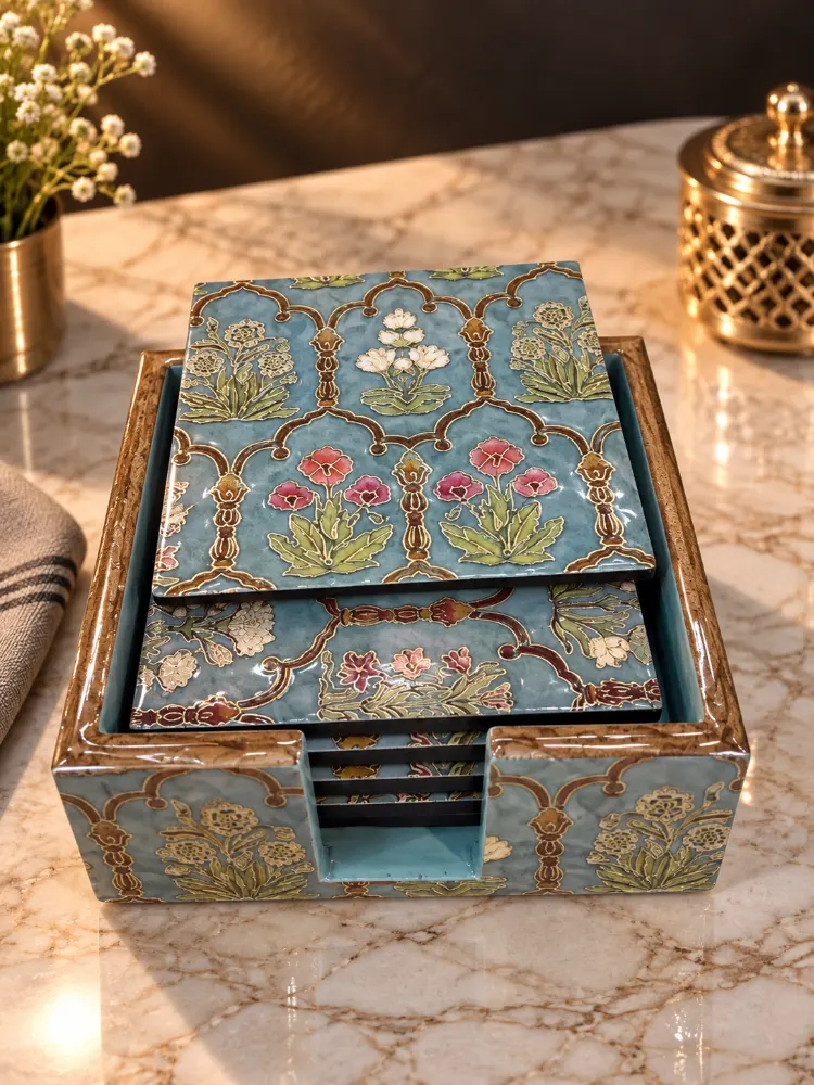 Wooden Coasters Blue with Flowers